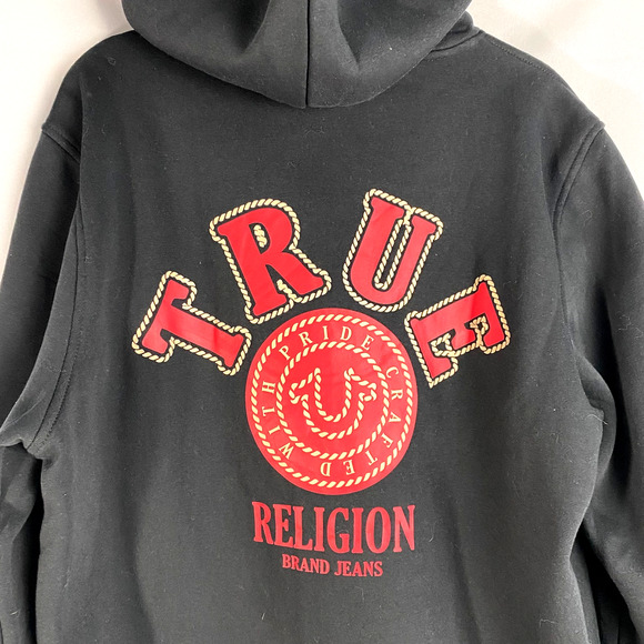 True Religion Y2K College Zip Hoodie Sweatshirt Men M Jet Black Logo Skater NWT - Picture 5 of 11
